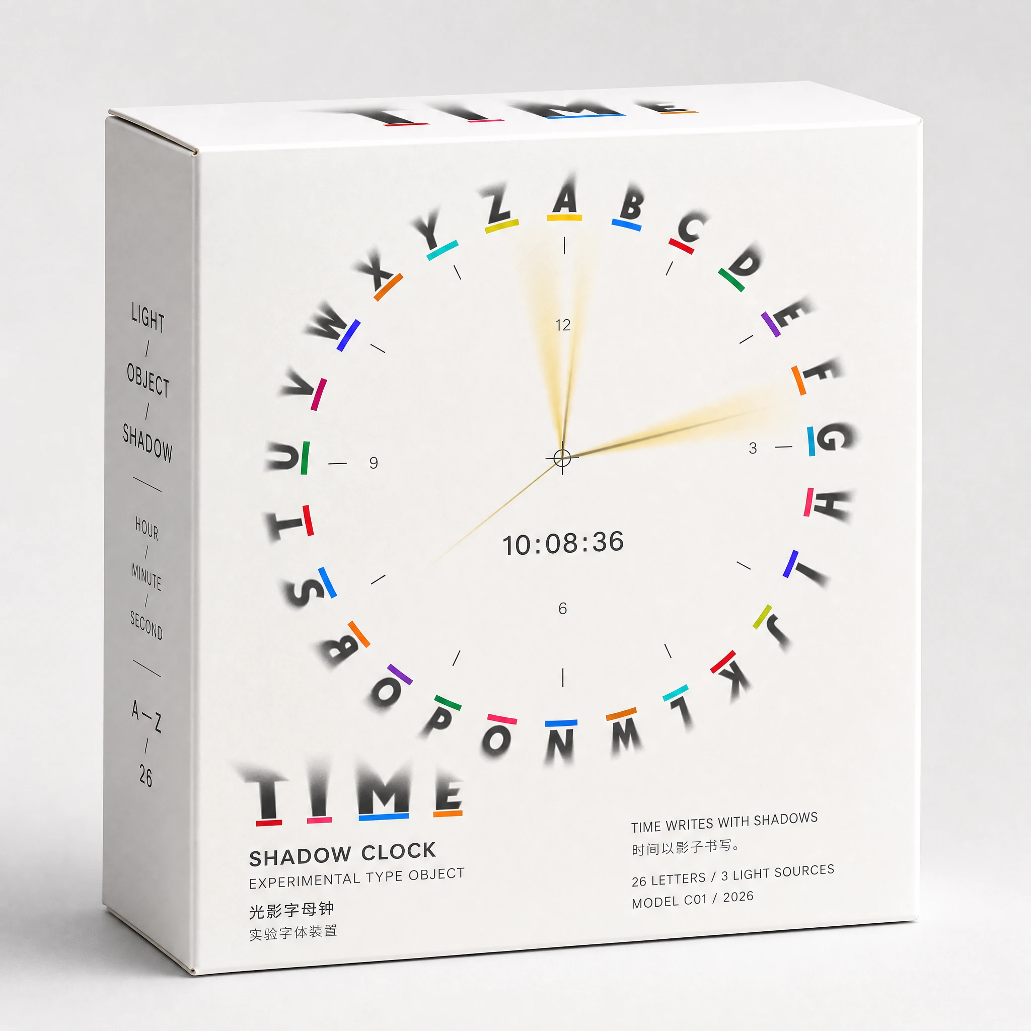 Light typeface applied to shadow clock product packaging