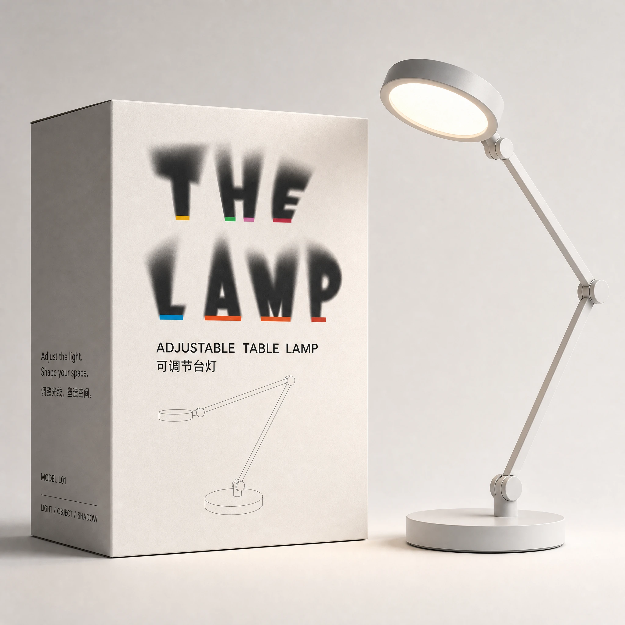 Light typeface applied to table lamp packaging beside the product