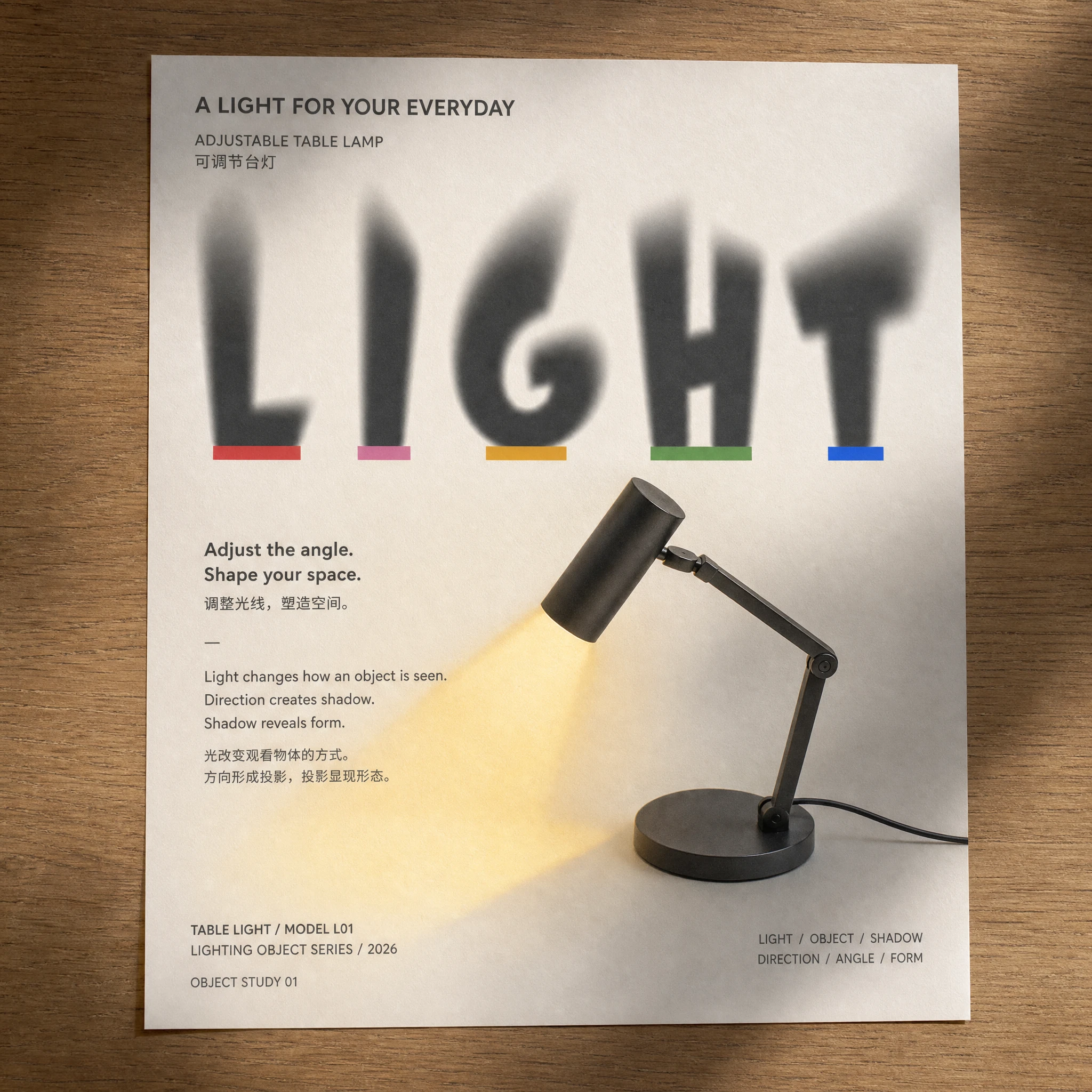 Light typeface applied to an adjustable table lamp poster