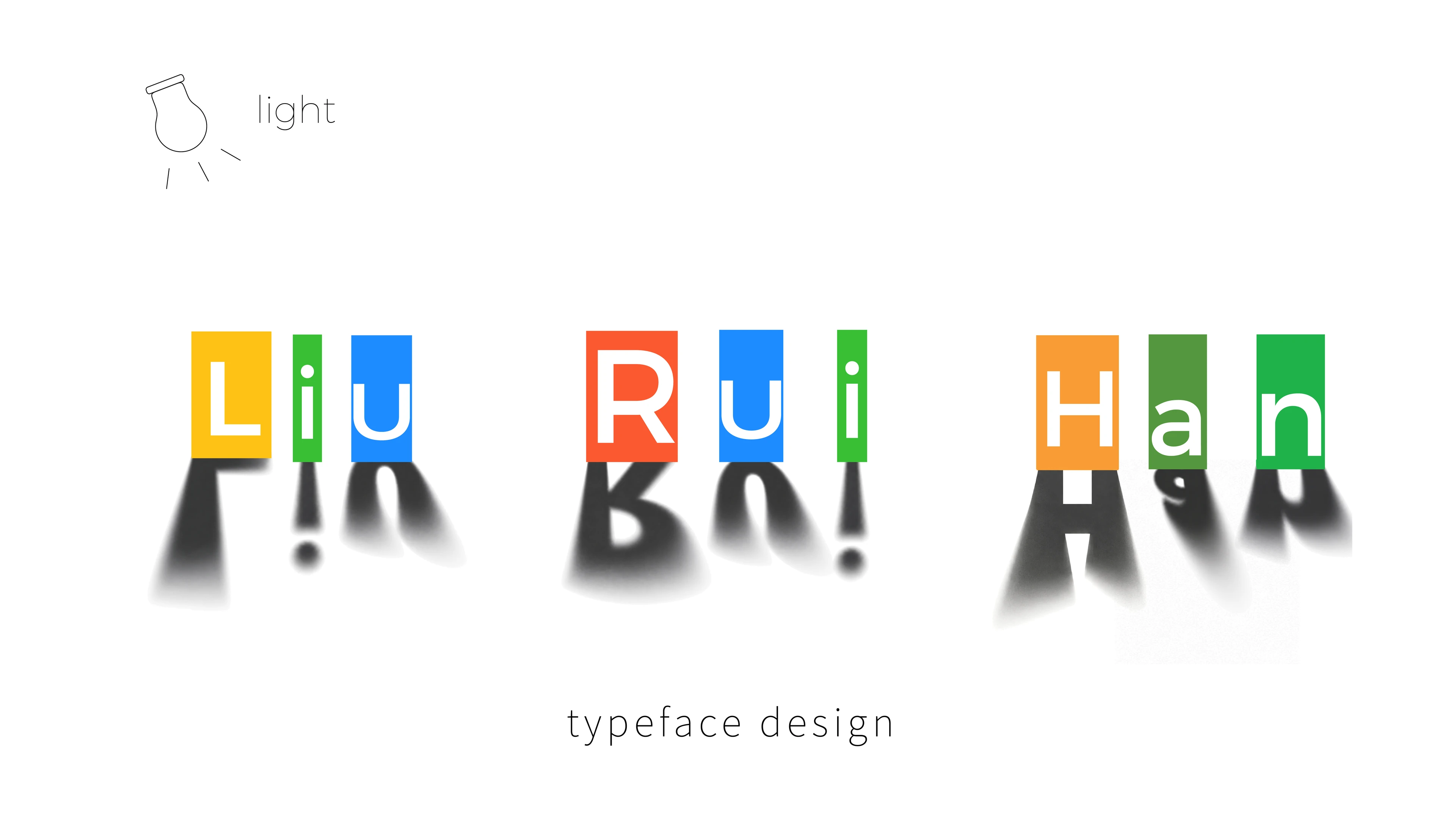 Color-blocked names Liu, Rui and Han casting letterform shadows