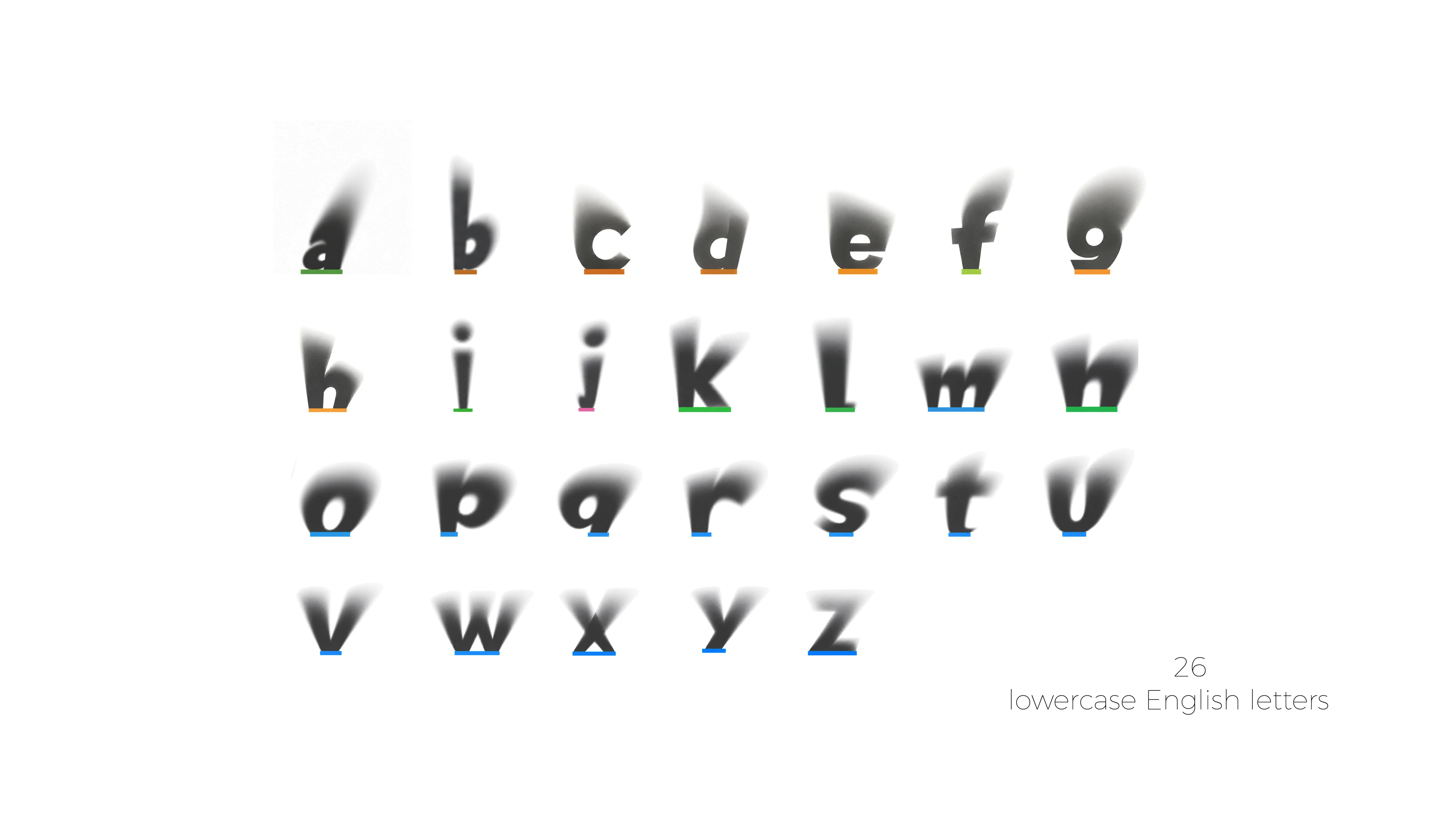 Lowercase English alphabet formed with projected shadows