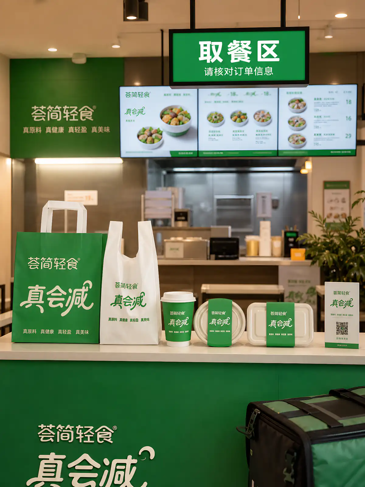 荟简轻食门店取餐台与包装物料展示