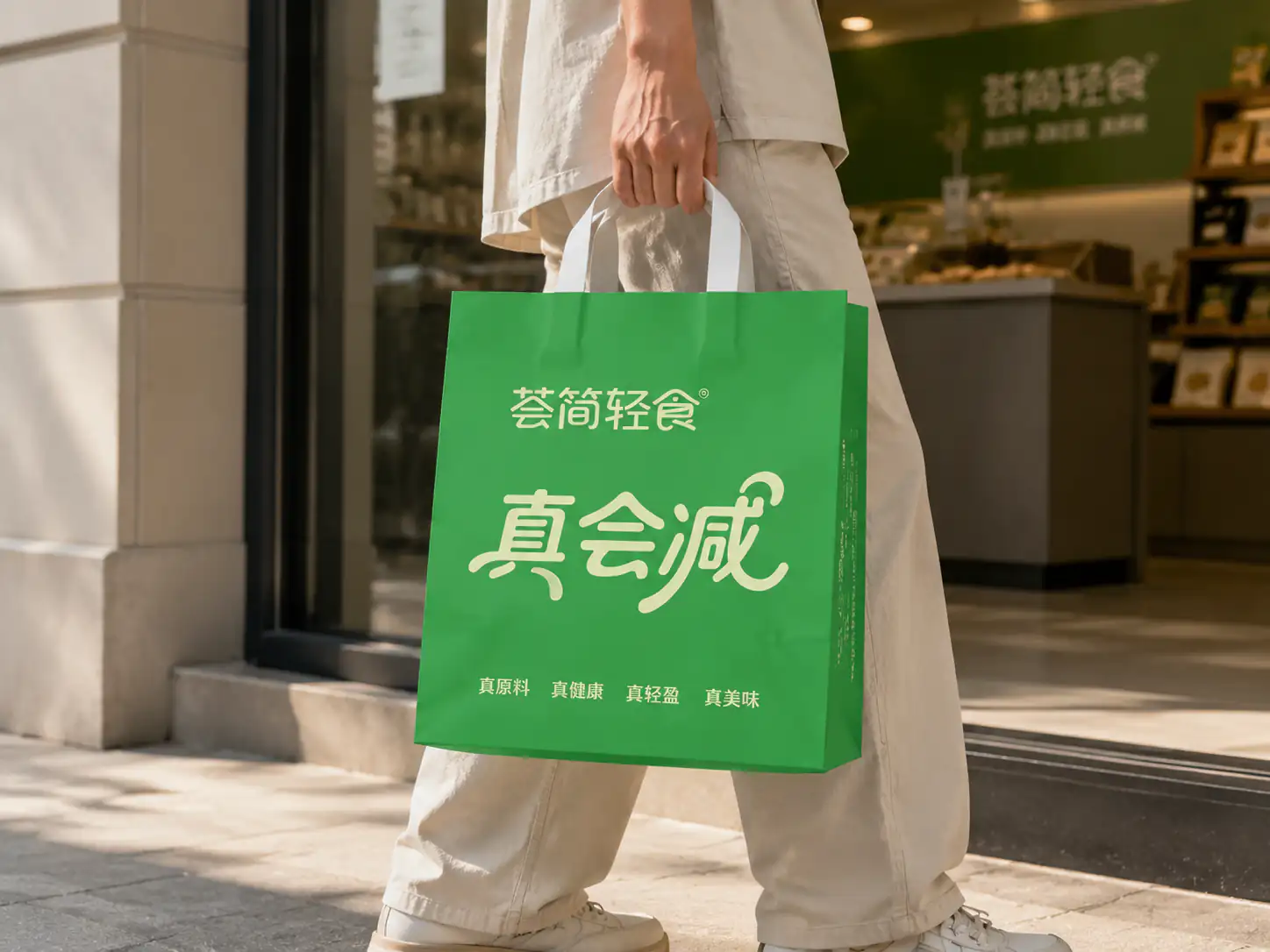 顾客携带荟简轻食绿色外卖纸袋