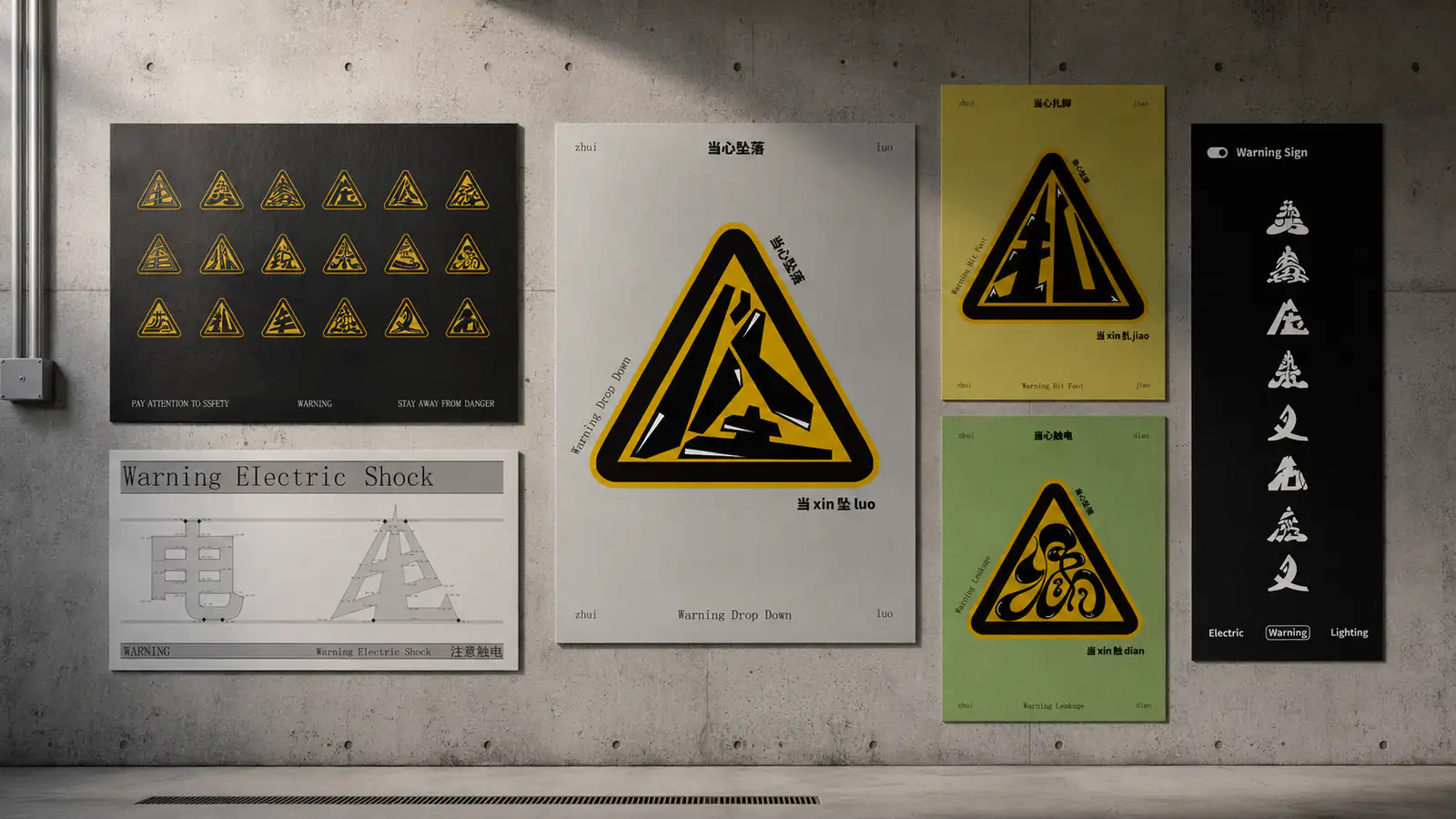 警示字体完整系列的墙面展示